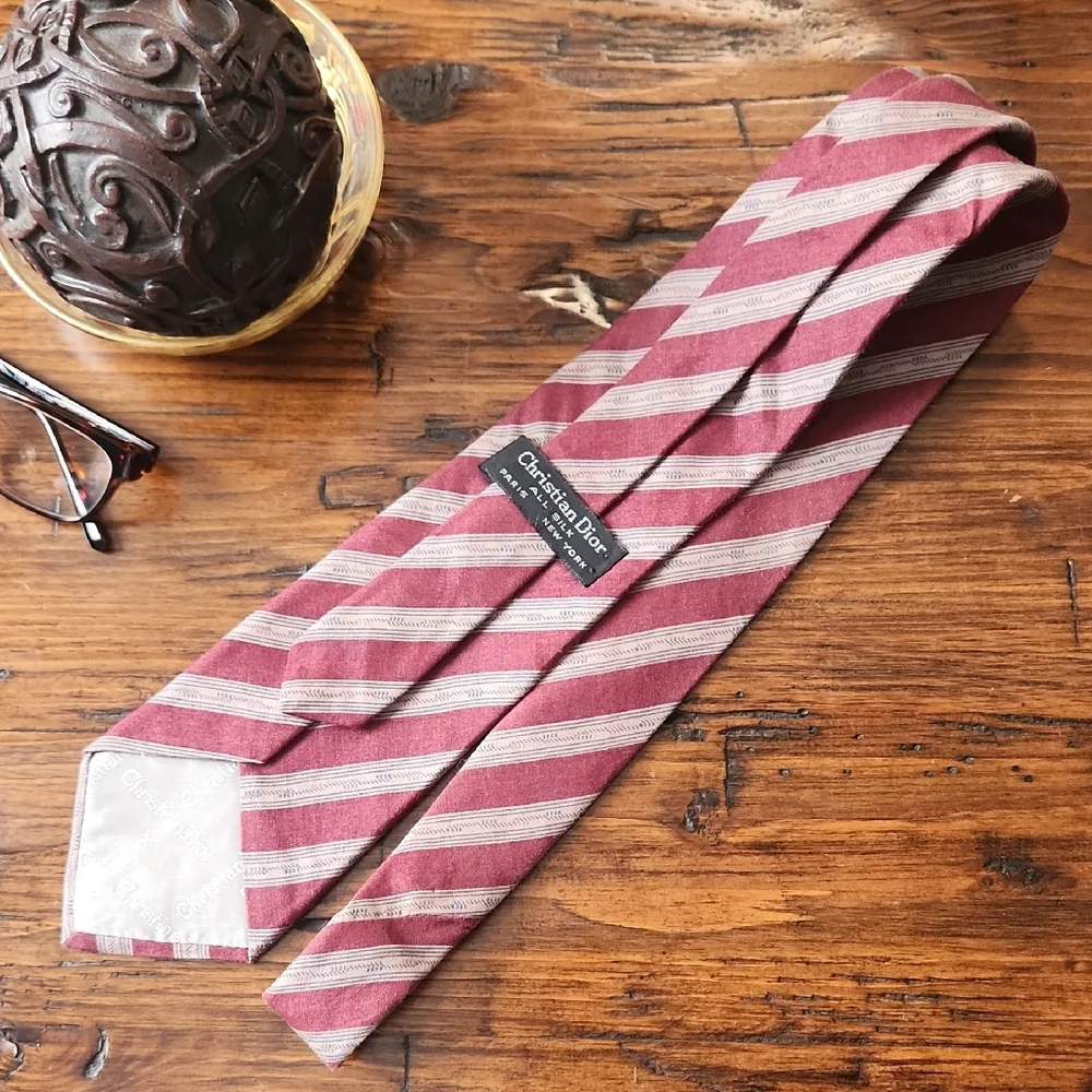 Christian Dior Burgundy and Beige With Navy Accents Striped Tie - Picture 2 of 4